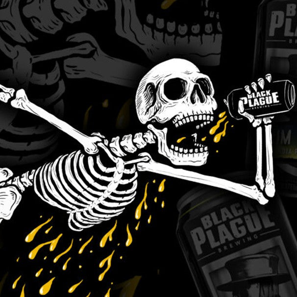 Black Plague Brewing event - skeleton drinking a Black Plague can