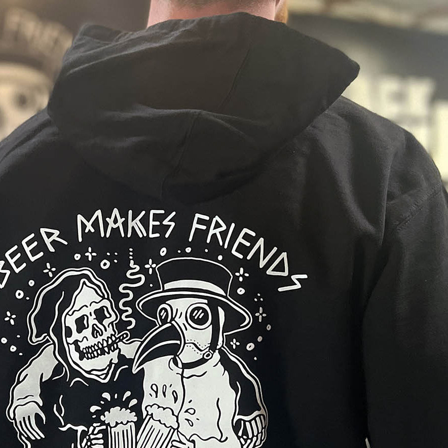 Black Beer Makes Friends hoodie viewed from behind