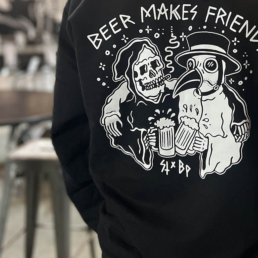 Beer Makes Friends skeleton and plague doctor shirt artwork