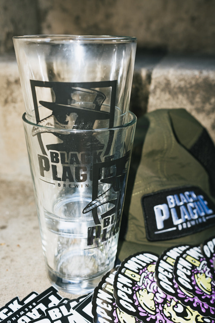 BLACK PLAGUE Brewing pint glasses, olive patch camp hat and Open Mind stickers